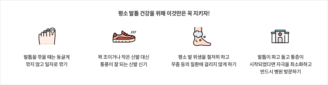 12-8-mz-img-03.png 평소 발톱 건강을 위해 이것만은 꼭 지키자! - 발톱을 깎을 때는 둥글게 깍지 않고 일자로 깎기 / 꽉 조이거나 작은 신발 대신 통풍이 잘 되는 신발 신기 / 평소 발 위생을 철저히 하고 무좀 등의 질환에 걸리지 않게 하기 / 발톱이 파고 들고 통증이 시작되었다면 자극을 최소화하고 반드시 병원 방문하기