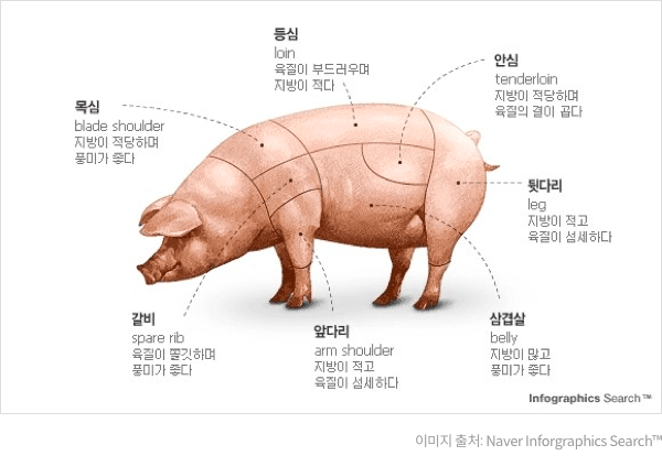 목심(blade shoulder):지방이 적당하며 풍미가 좋다 / 등심(loin):육질이 부드러우며 지방이 적다 / 안심(tenderloin):지방이 적당하며 육질의 결이 곱다 / 뒷다리(leg):지방이 적고 육질이 섬세하다 / 삼겹살(belly):지방이 많고 풍미가 좋다 / 앞다리(arm shoulder):지방이 적고 육질이 섬세하다 / 갈비(spare rib):육질이 쫄깃하며 풍미가 좋다 - 이미지 출처 : Naver Inforgraphics Search