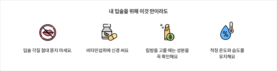 8-7-mz-img-04.png 내 입술을 위해 이것 만이라도 - 입술 각질 절대 뜯지 마세요. / 비타민섭취에 신경 써요 / 립밤을 고를 때는 성분을 꼭 확인해요 / 적정 온도와 습도를 유지해요
