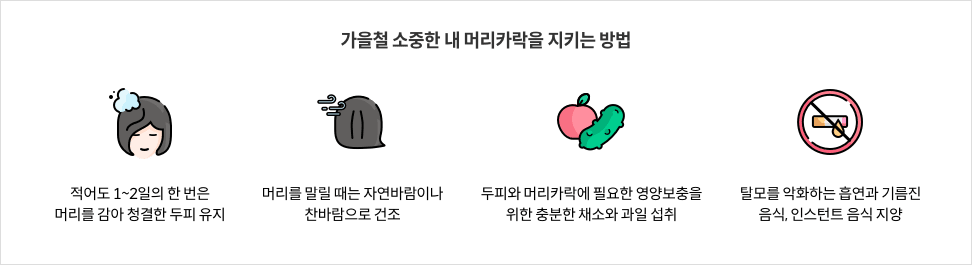9_1_mz_img_04.png 가을철 소중한 내 머리카락을 지키는 방법 : 적어도 1~2일의 한 번은 머리를 감아 청결한 두피 유지 / 머리를 말릴 때는 자연 바람이나 찬바람으로 건조 / 두피와 머리카락에 필요한 영양보충을 위한 충분한 채소와 과일 섭취 / 탈모를 악화하는 흡연과 기름진 음식, 인스턴트 음식 지양