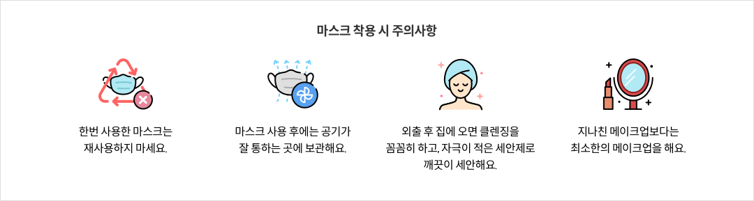 마스크 착용 시 주의사항 - 한번 사용한 마스크는 재사용하지 마세요. / 마스크 사용 후에는 공기가 잘 통하는 곳에 보관해요. / 외출 후 집에 오면 클렌징을 꼼꼼히 하고, 자극이 적은 세안제로 깨끗이 세안해요. / 지나친 메이크업 보다는 최소한의 메이크업을 해요.